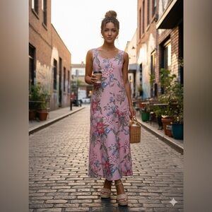 VINTAGE 90s Cambridge Country Store Floral Linen-Blend Maxi Dress L Pink